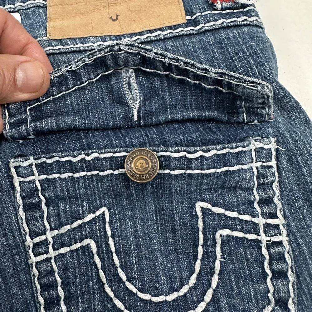 True Religion Jean Shorts Womens 32 Blue Jorts Flap Pockets Stretch Cut Offs USA